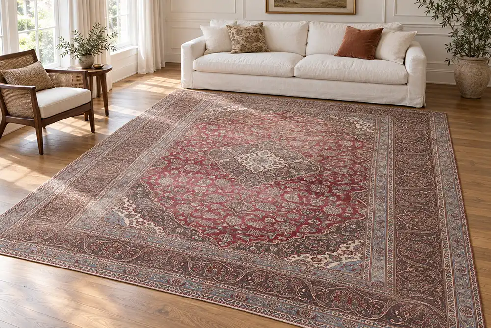 No reserve rug auction | Rose-red Persian Kashan medallion rug in an AI-staged living room with a white sofa.