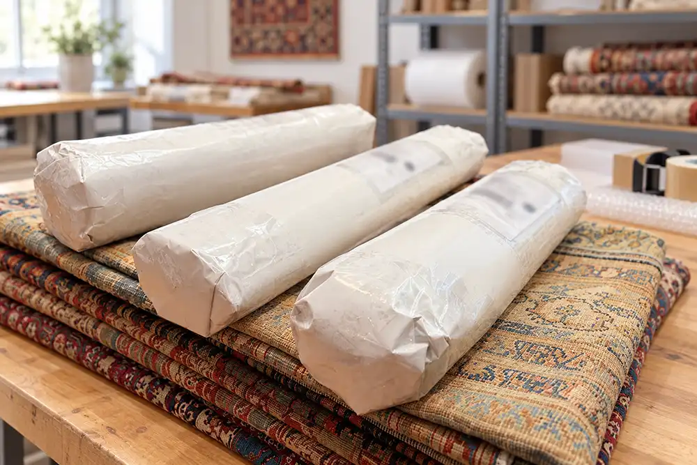 How Much Does It Cost To Ship A Rug | Three rolled rugs wrapped for shipping, resting on folded patterned rugs.