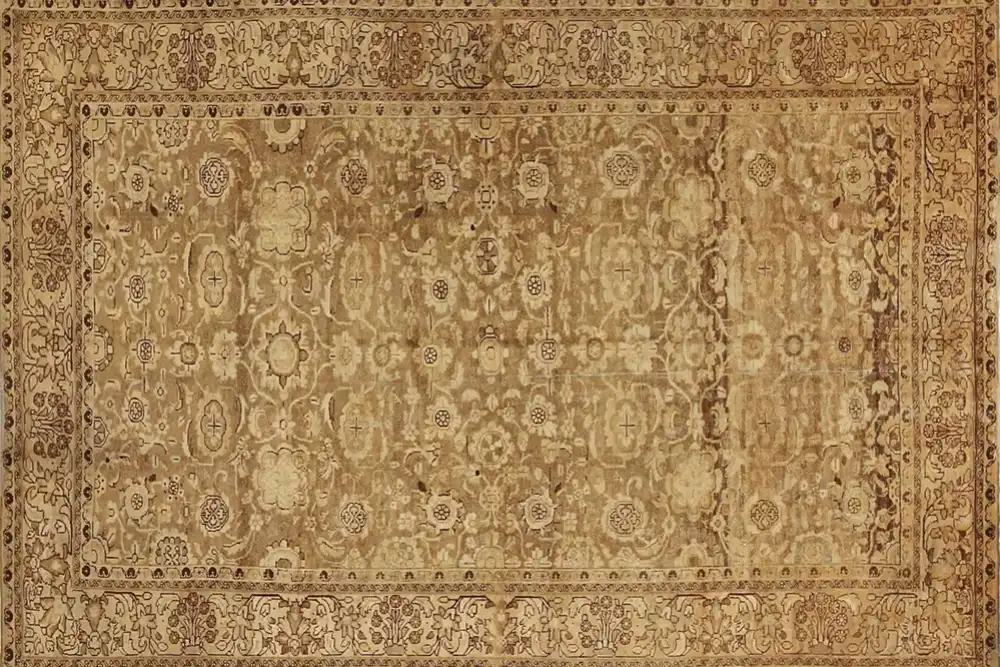 Beige and brown rug with an allover floral design and patterned borders